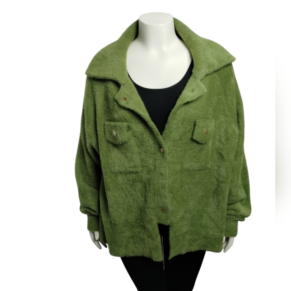 Bucket List Olive Soft Cozy Fuzzy Oversized Fur Jacket Shacket Women's L Teddy B